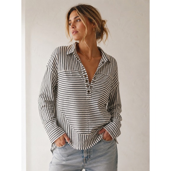 Pilcro and the Letterpress Tops - Pilcro Anthropologie Henley Striped Small Black Cream Pullover Casual Top